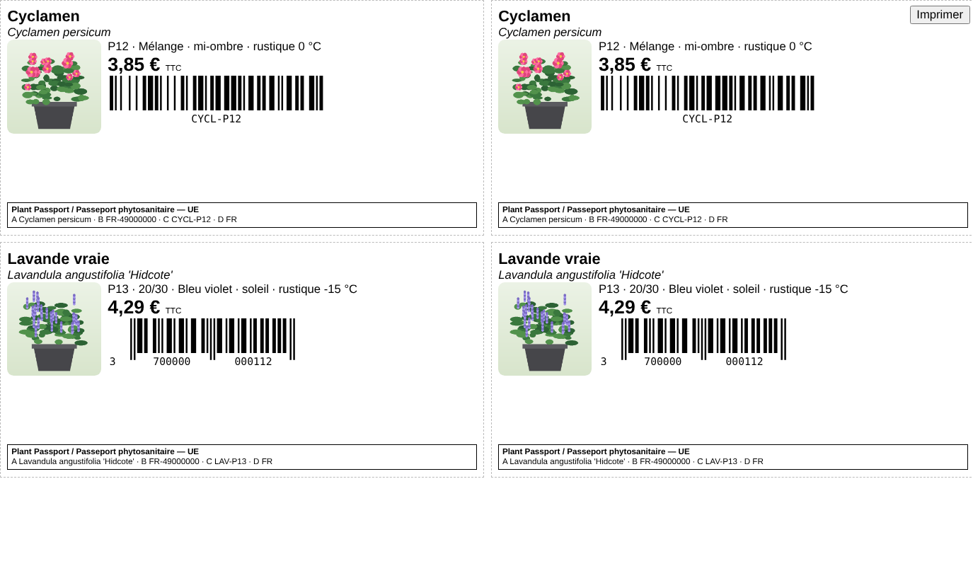 Étiquettes végétaux avec code-barres et passeport